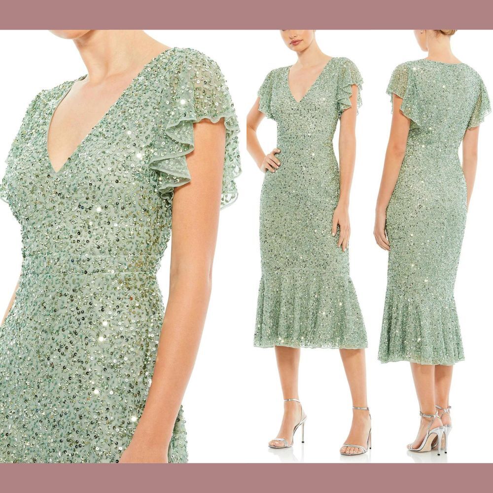 NWT Mac Duggal‎ [ 10 ] 10801 Sequined V-Neck Flutter Cap Sleeve Dress Sage Green